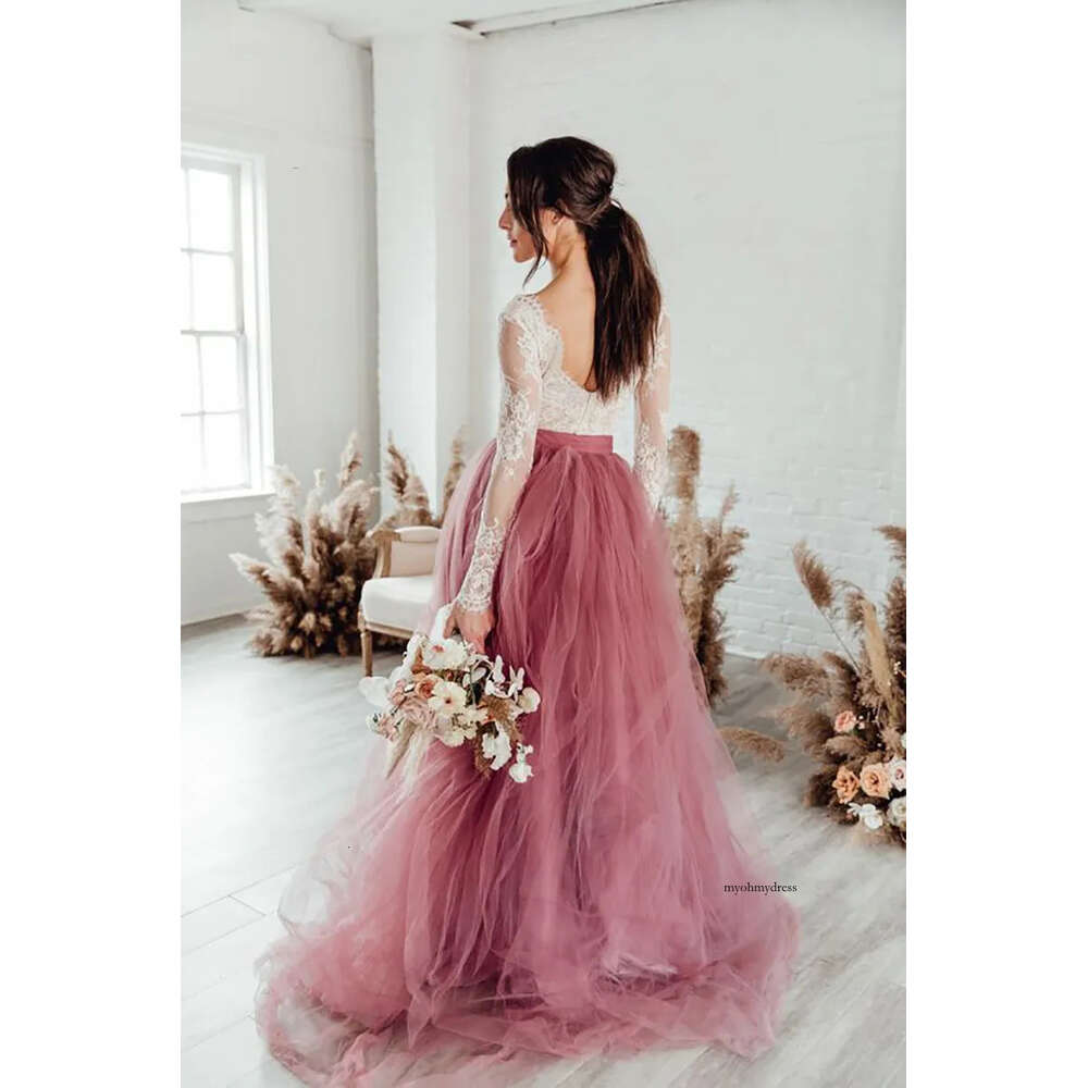 2021 A Line Dusty Pink Lace Beach Bride Dresses Train Elegant Wedding Boho Bridal Gowns 0431