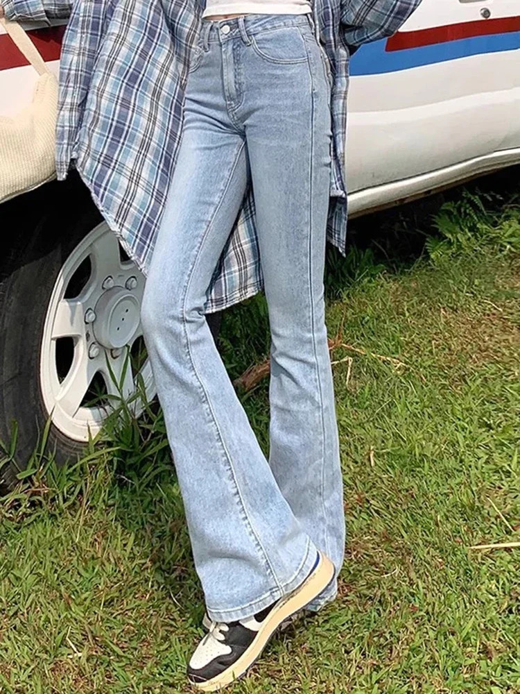 Female High Waist Vintage Bell Bottom Jeans Lady Slim Fit Denim Flare Pants Deep Blue Light Black Gray Trousers 241121