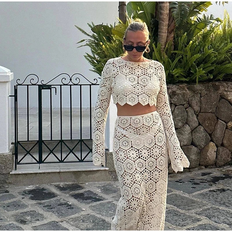 EINY Crochet Hook Knitted Hollow Out Skirt Suit Women Long Sleeve Oneck Crop Top High Waist Skirts 2 Pics Summer Lady Beachwear 241129