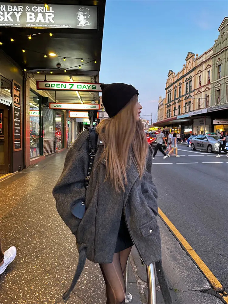 Korean Fashion Spicy Girl Style Highend Woolen Coat Women Clothing Winter Clothes Temperament Mid Length Gray Suit 241129