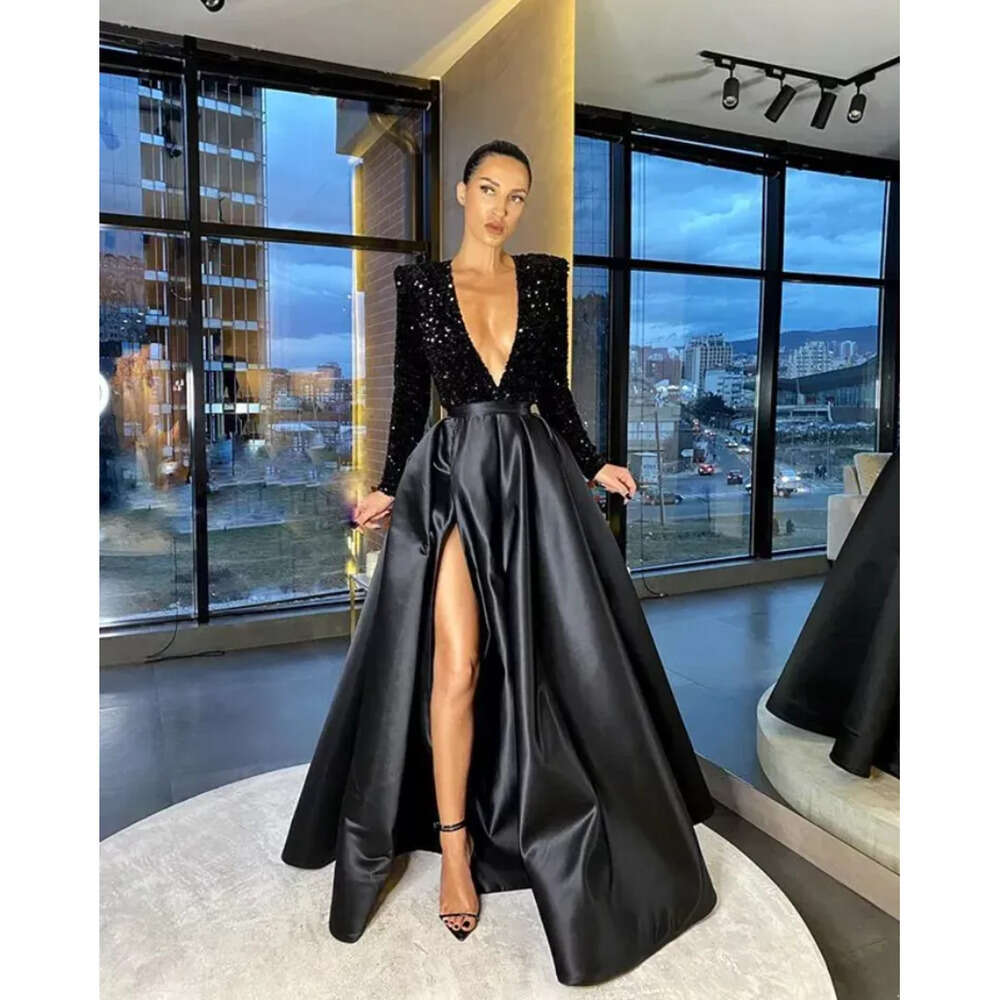Black Sexy Split Side Bg Dresses African Long Sleeves V Neck Sequined Top A E Special Ocn Prom Gowns Evening Vestidos Estidos 6660306