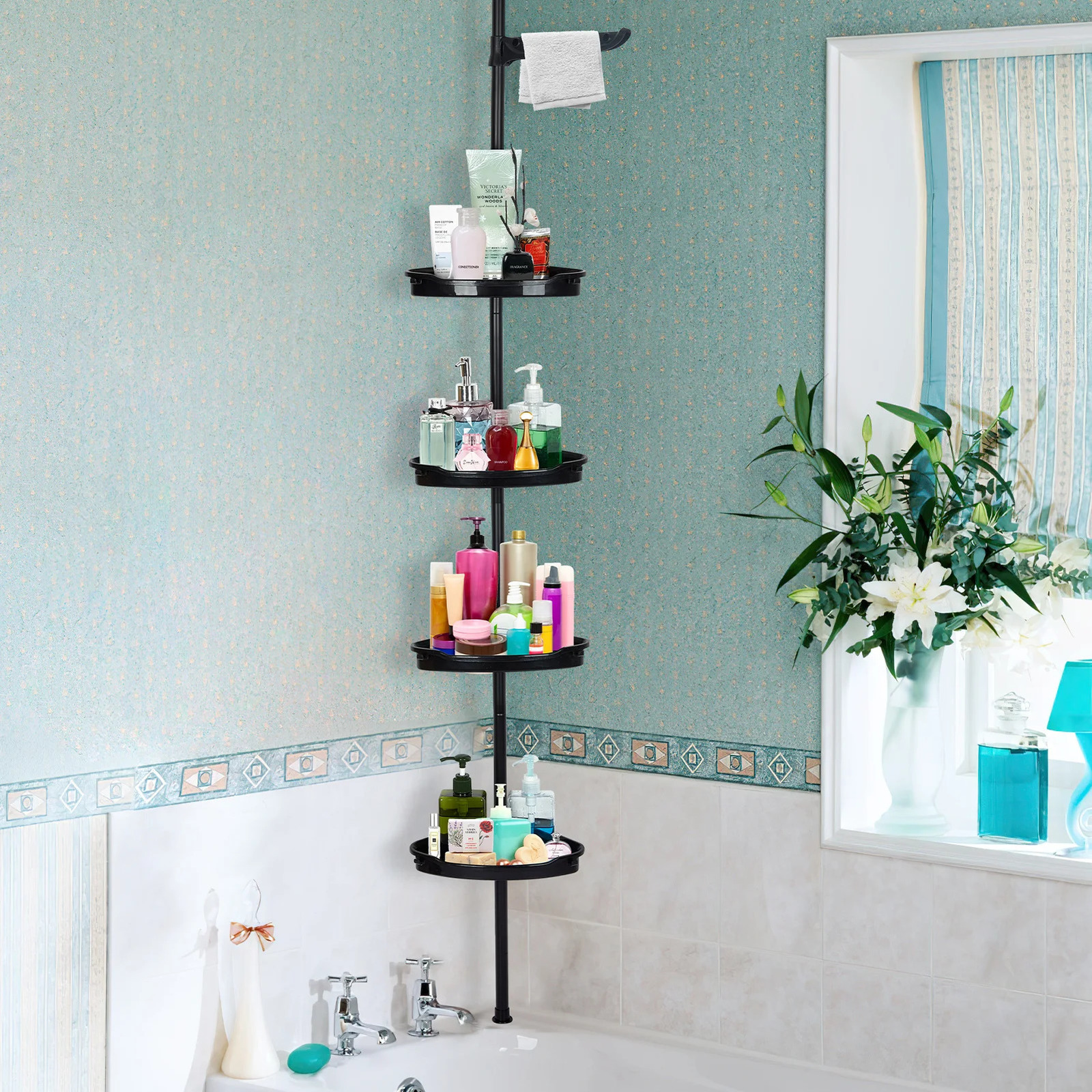 Anti rust shower caddy corner for bathroom 4-layer adjustable shelf with tension bar black shower organizer for bathroom 241127