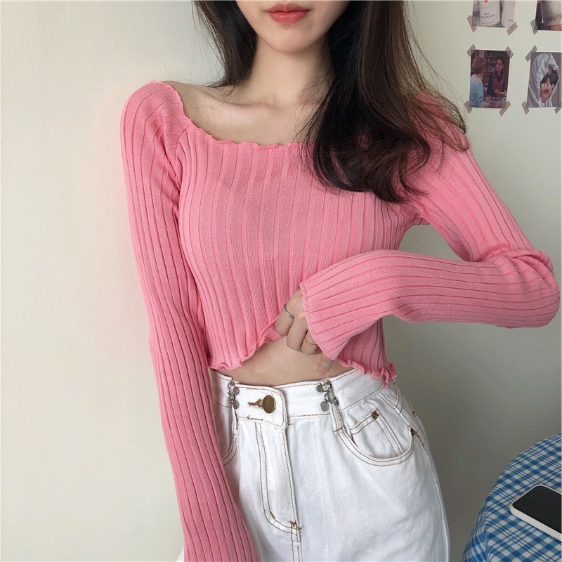 New mushroom edged slim fit single shoulder exposed navel women's T-shirt short sleeved sweater long sleeved top designer sweater