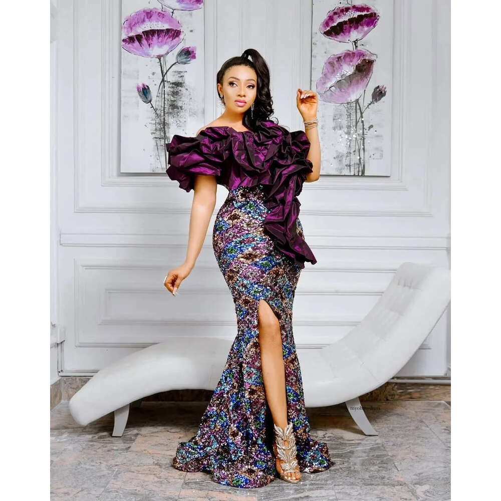 Glitter Colorful Evening Dresses Aso Ebi Handmade Flower Ruffles Satin Plus Size Women Prom Party Dressing Gowns 0431