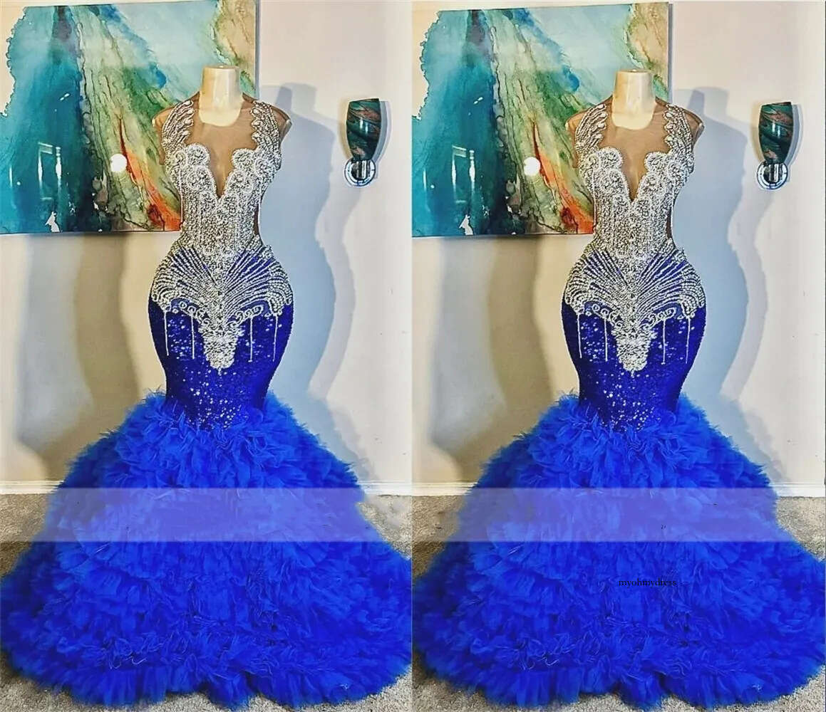 Royal Blue Prom Dresses For Black Girls 2024 Diamonds Crystals Ruffles Mermaid Evening Long African Sequin Party Dress 0431