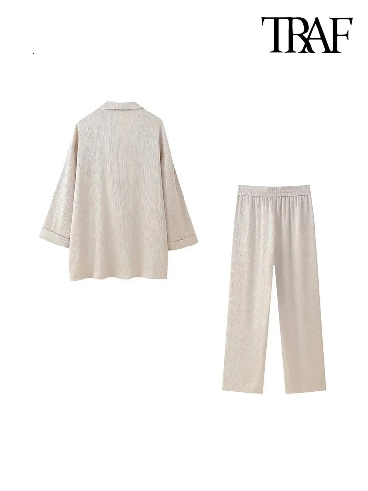 TRAFWomens DoubleBreasted Loose Blazer Coat and High Elastic Waist Wide Leg Pants Female Two Piece Sets Fashion 241129