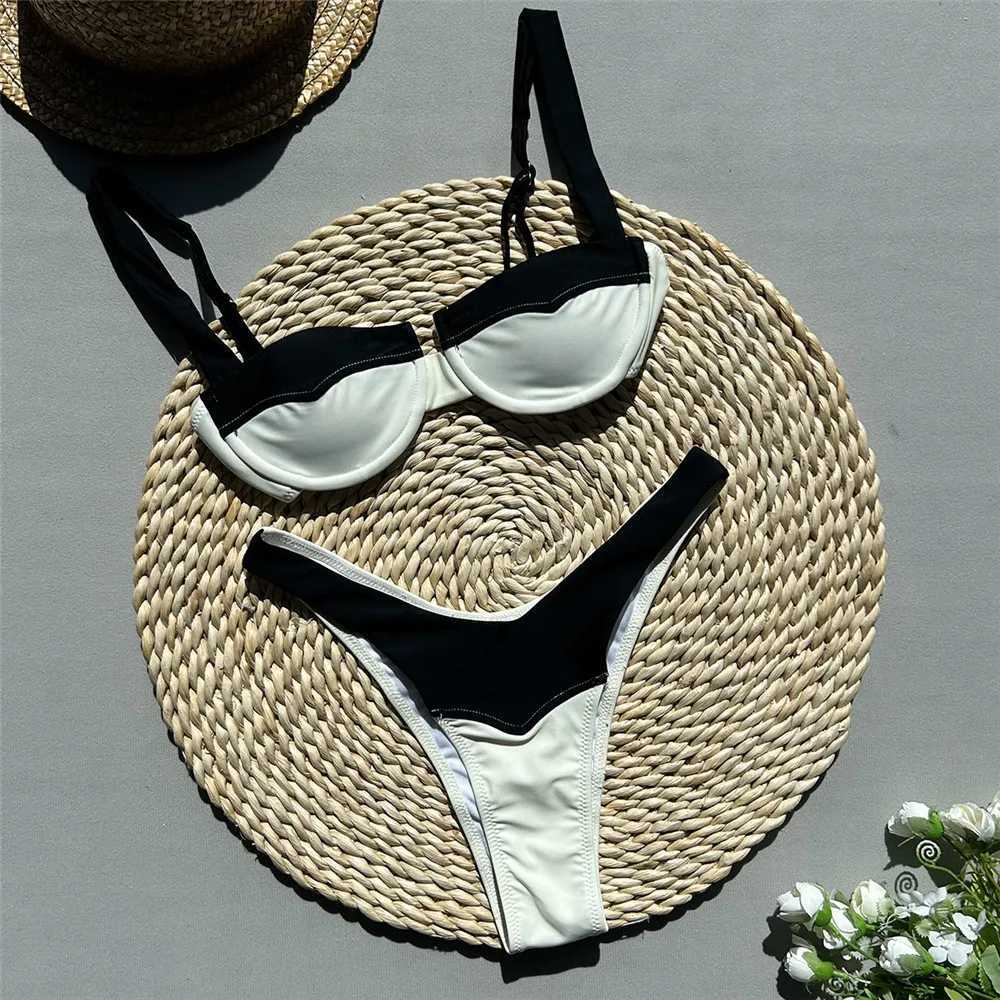 Women's Swimwear Black and white patchwork mini thong bikini push up swimsuit womens 2024 sexy swimsuit low waist Brazilian bikini set H241130