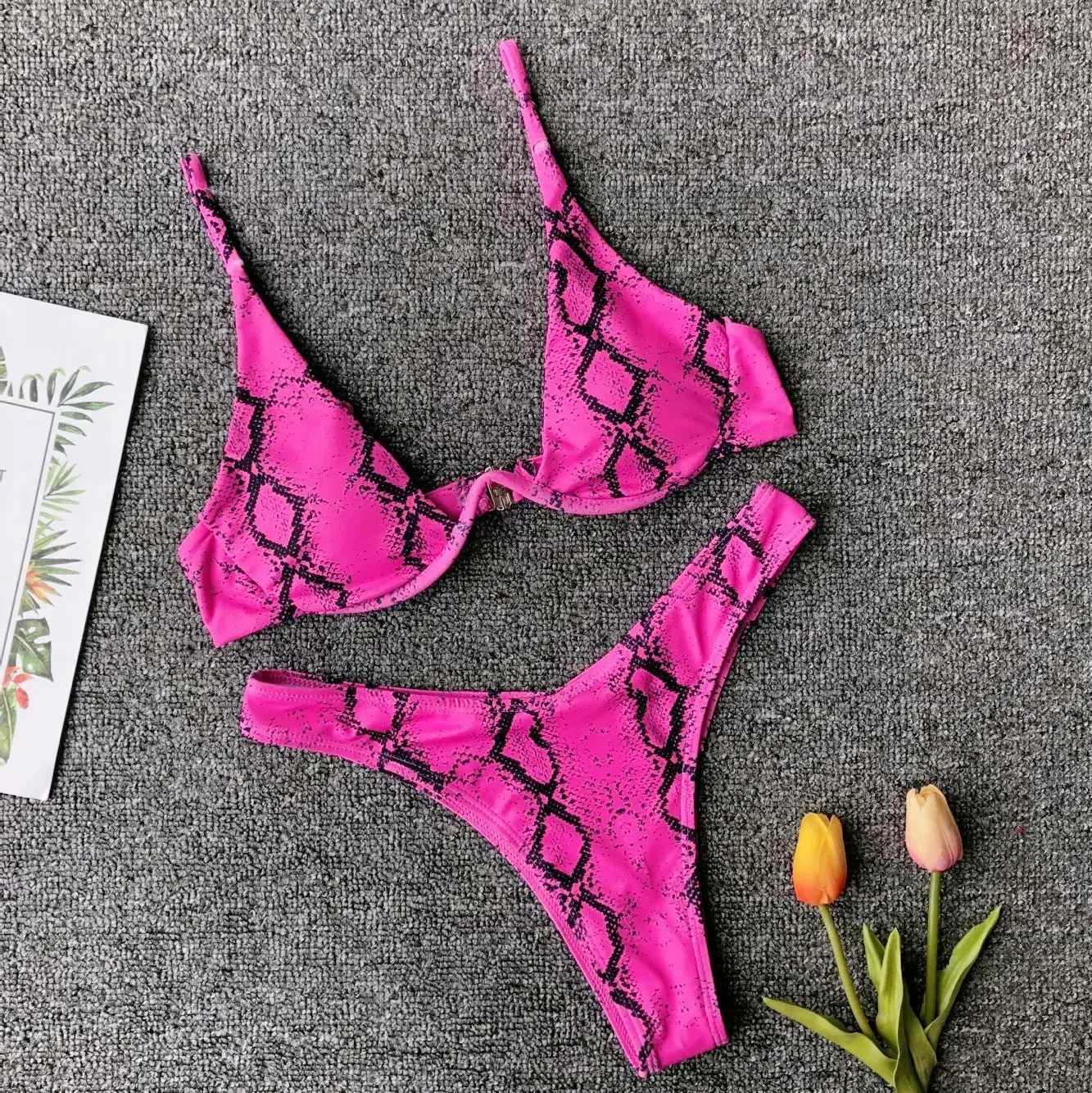 Women's Swimwear Micro Bikini 2024 swimsuit womens sexy yellow leopard snake skin printed underwear swimsuit beach swimsuit bead bikini swimsuit 