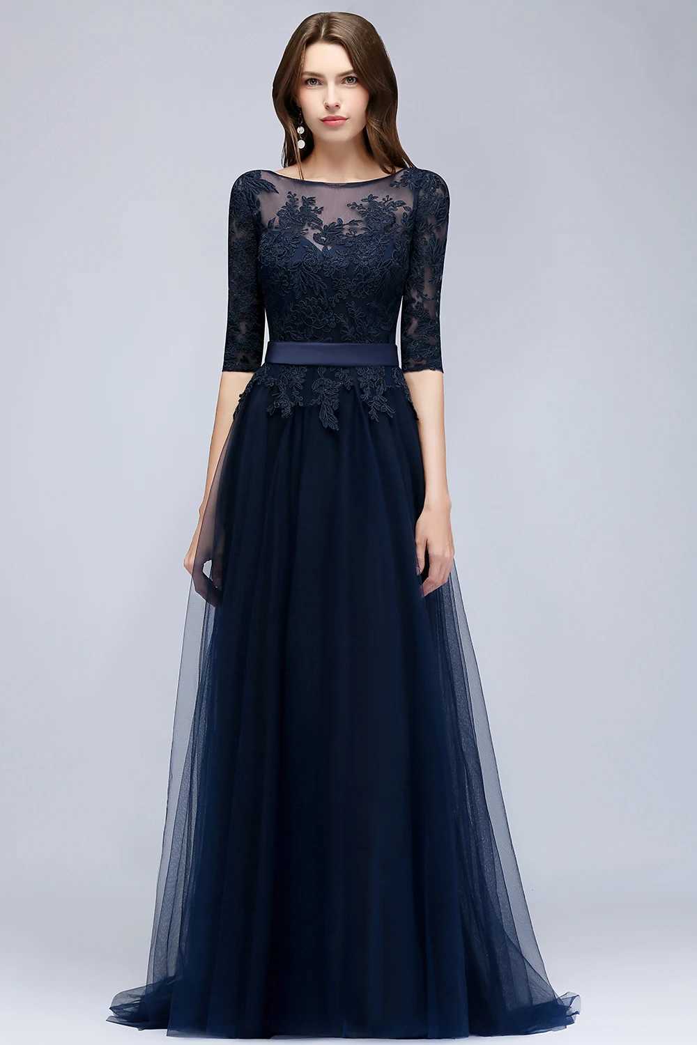 Runway Dresses Navy Blue Lace Long Evening Dresses Elegant Half Slve Appliques Tulle Formal Party Prom Gown Backless With Belt Robe De Soir Y240426
