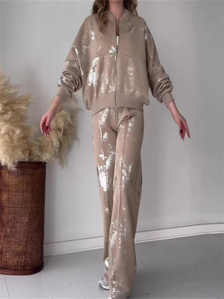 Sequined Zipper Women Coat Suit Long Sleeve Turndown Collar Lady Jacket Set 2024 Casual Sport Wide Leg Fashion Female Pant Sets 241129