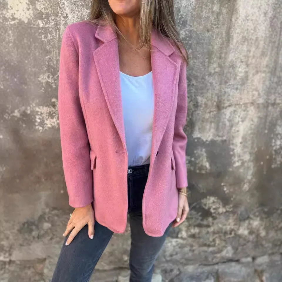 Woolen Suit Jacket Womens Casual Lapel Button Pocket Cardigan 241129