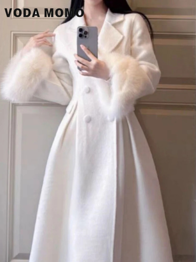 Women Winter Outerwear Clothes Warm Detachable cuff hair Wool Overcoat lady Elegant Casual Woolen Coat Retro Solid Chic 2024 241129