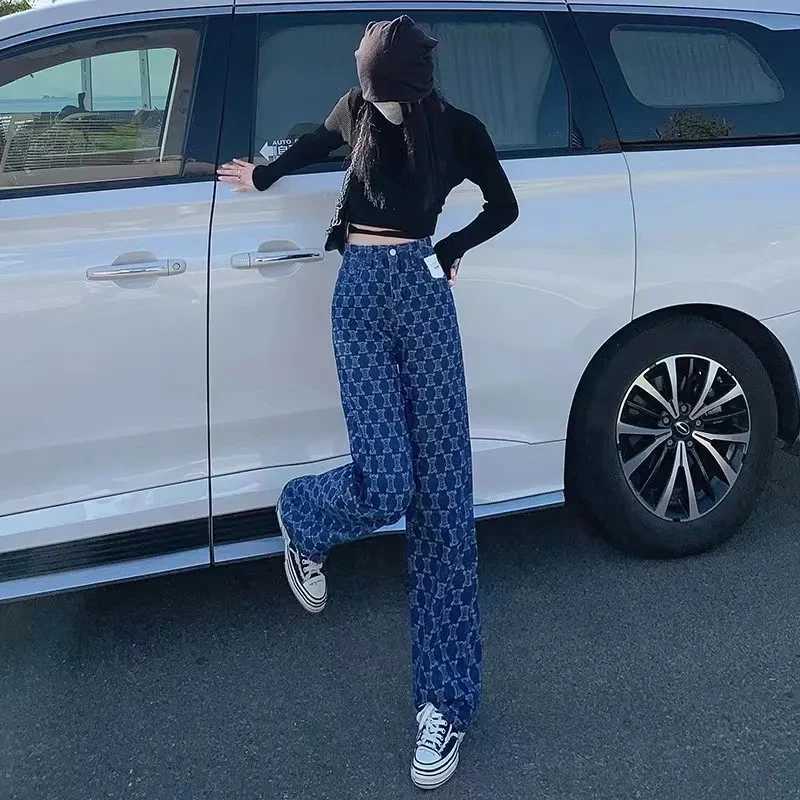 Women's Jeans Vintage Blue Letter Embroidered Y2k Bag Denim Womens Knitted Denim Trouser High Waist Jacquard Pattern Pants H241130