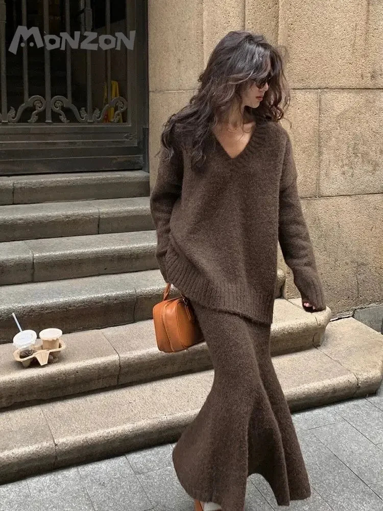 AutumnWinter Vneck Lazy Style Sweater Loose Casual Knitted Pullover Top Fishtail Skirt Set Fashion Two piece Women Outfits 241129