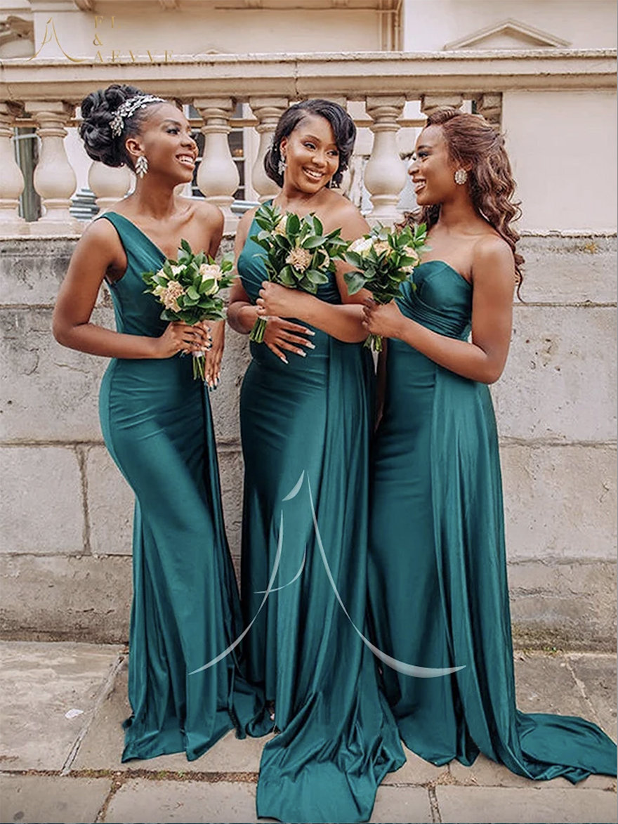 Champagne Satin Elegant Long Wedding Guest Dress for Wedding Party Formal One Shoulder Bridesmaids Dresses Robe Weddings Evening