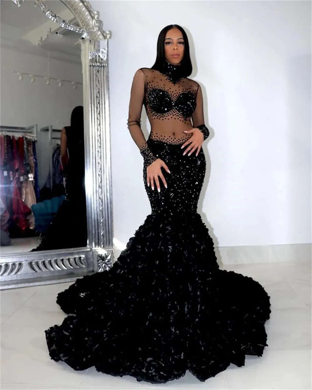 Sexy Mermaid African Prom Dresses 2022 Illusion Sparkly Sequins Ruffles Evening Gown Formal Elegent Aso Ebi Robe De Bal 0431