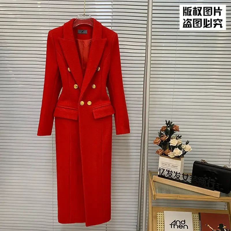 High end Temperament Red Suit Wool Coat Women Winter Clothes Korean Fashion Slim Fit Warm Long Clothing 241129