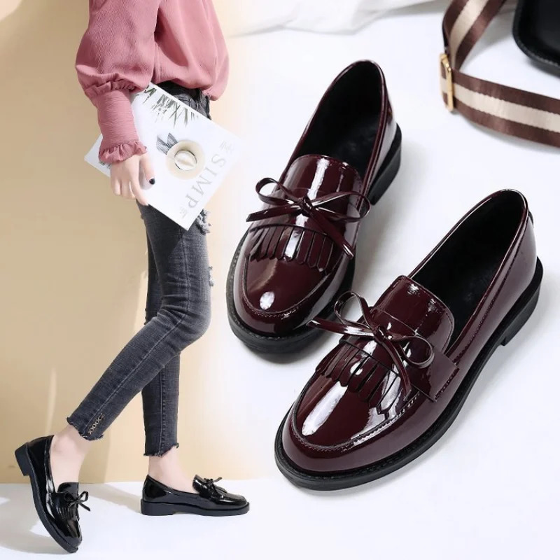 Leather Loafers Black Patent Platform Slip on Shoes for Women 2023 Spring British Tassel Casual Bowknot Flats 241126