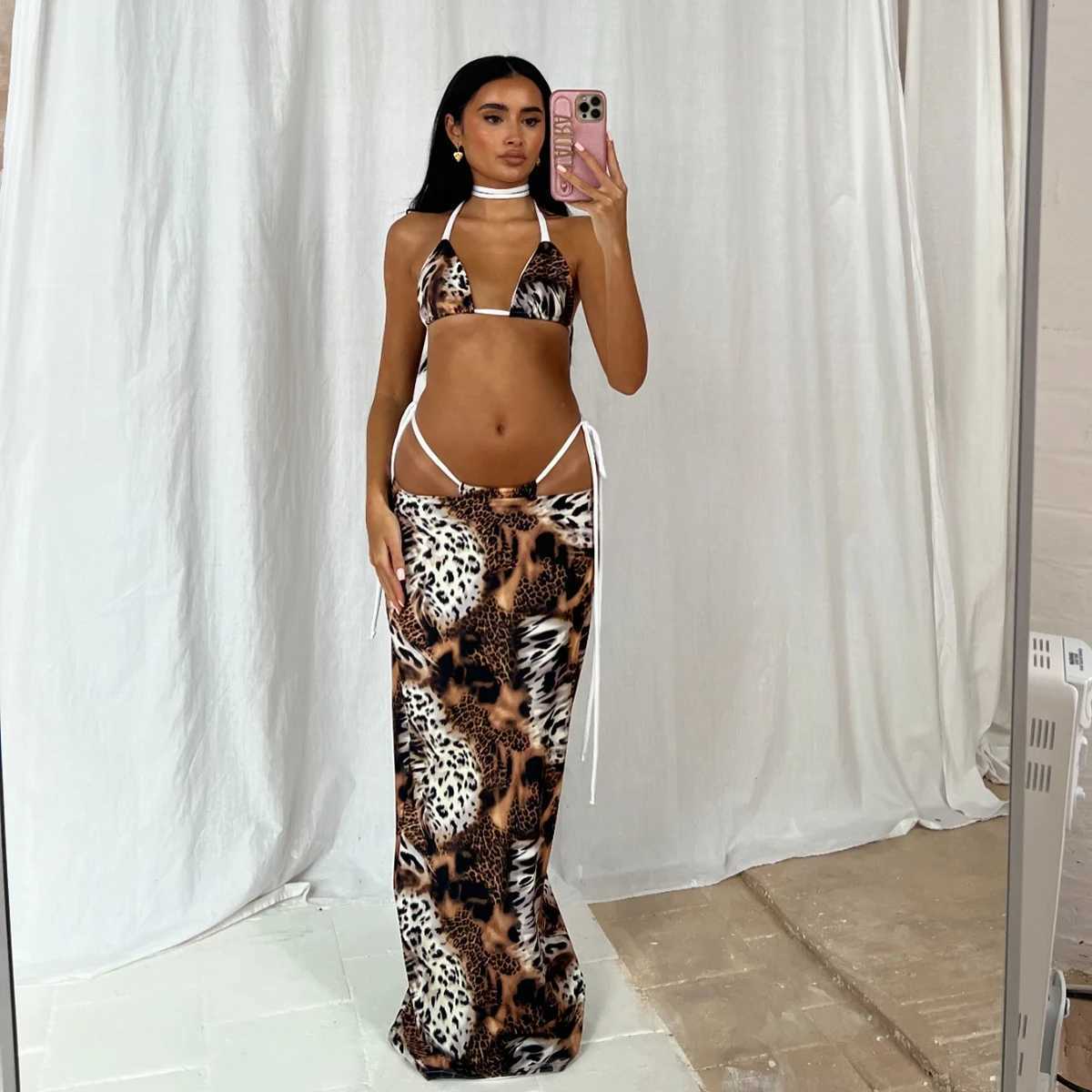 Women's Swimwear 3-piece bikini set push up bikini 2024 sexy womens swimsuit Maxi dress womens swimsuit printed swimsuit beachwear H241130