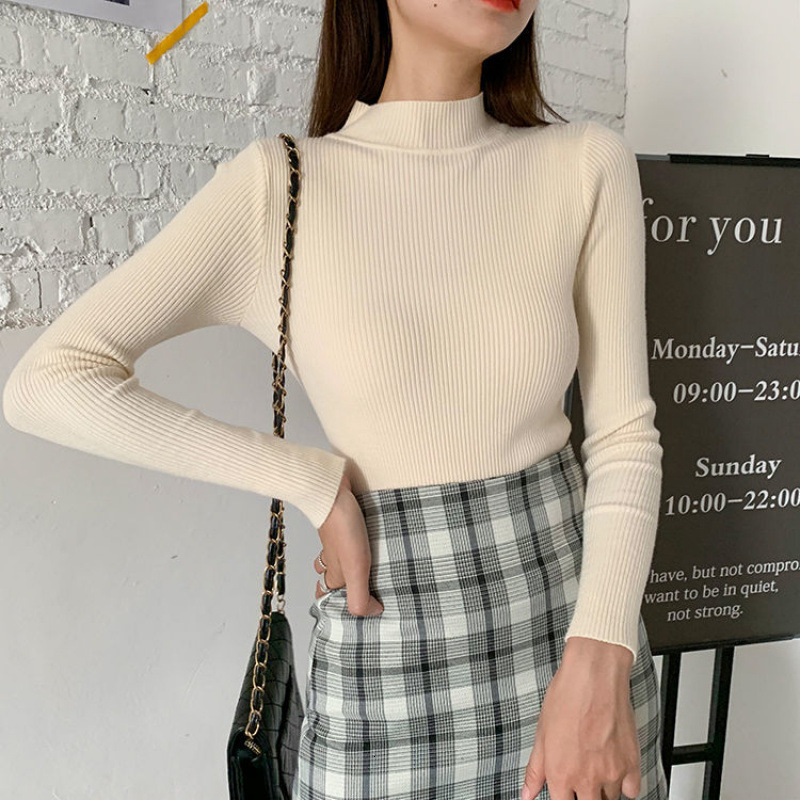 Autumn and winter new semi high neck short sweater fashionable multifunctional slim fit long sleeved underwear designer women's knitted sweater