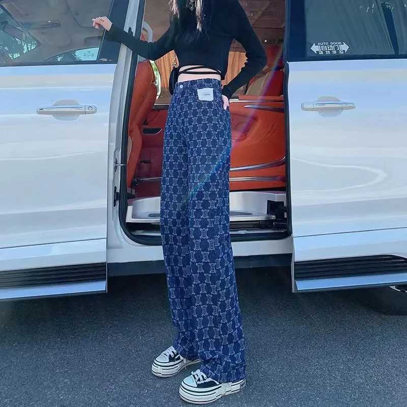 Women's Jeans Vintage Blue Letter Embroidered Y2k Bag Denim Womens Knitted Denim Trouser High Waist Jacquard Pattern Pants H241130