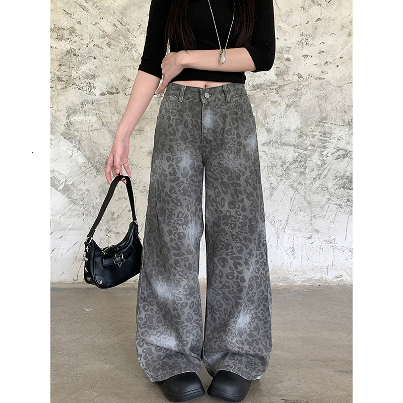 Vintage 90S Leopard Print Pantalon Femme Wide Leg Pants Women High Waist Straight Y2k Jeans Casual Fashion Korean Jean Trousers