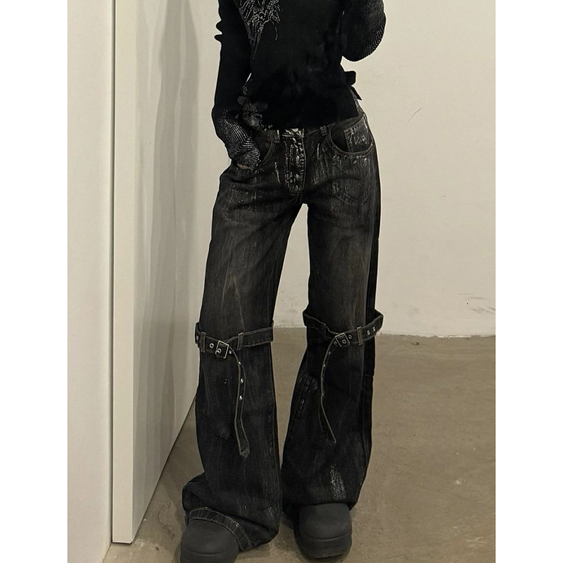 Black Women's Jeans High Waist Hip Hop Straight Fashion Pants Streetwear Haruku Y2k Star 2024 Female Wide Leg Denim Trouser