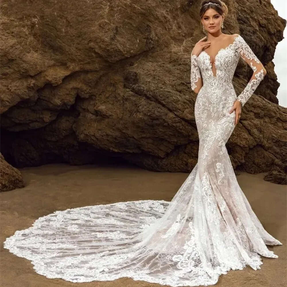 Bridal Mermaid Long Gowns Lace Illusion Scoop Necke Full Sleeves Chapel Train Plus Size Wedding Dresses Vestidos De Novia 6660306