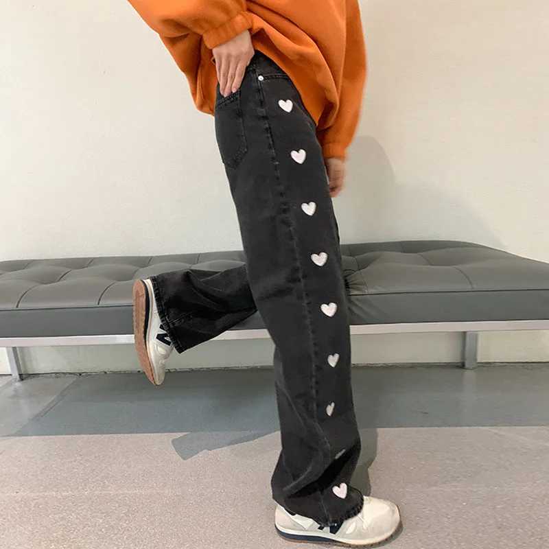 Women's Jeans Retro womens straight pants blue Personty high waisted jeans with heart-shaped print ultra-thin embroidery casual pants H241130