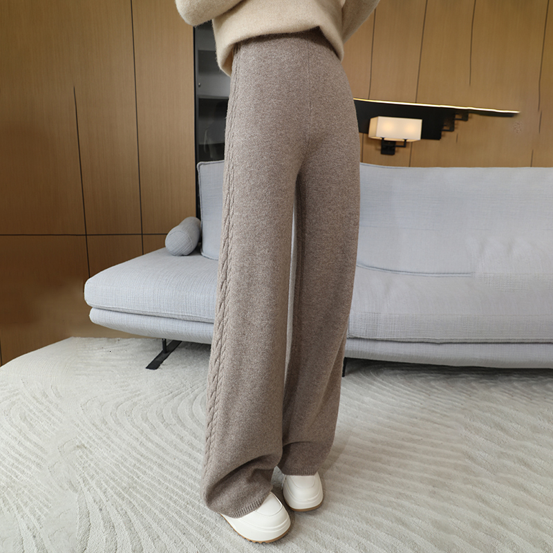 High Quality 100% Wool Women's High Waisted Wide With Side Jacquard Thickened Cashmere Loose Straight Leg Pants