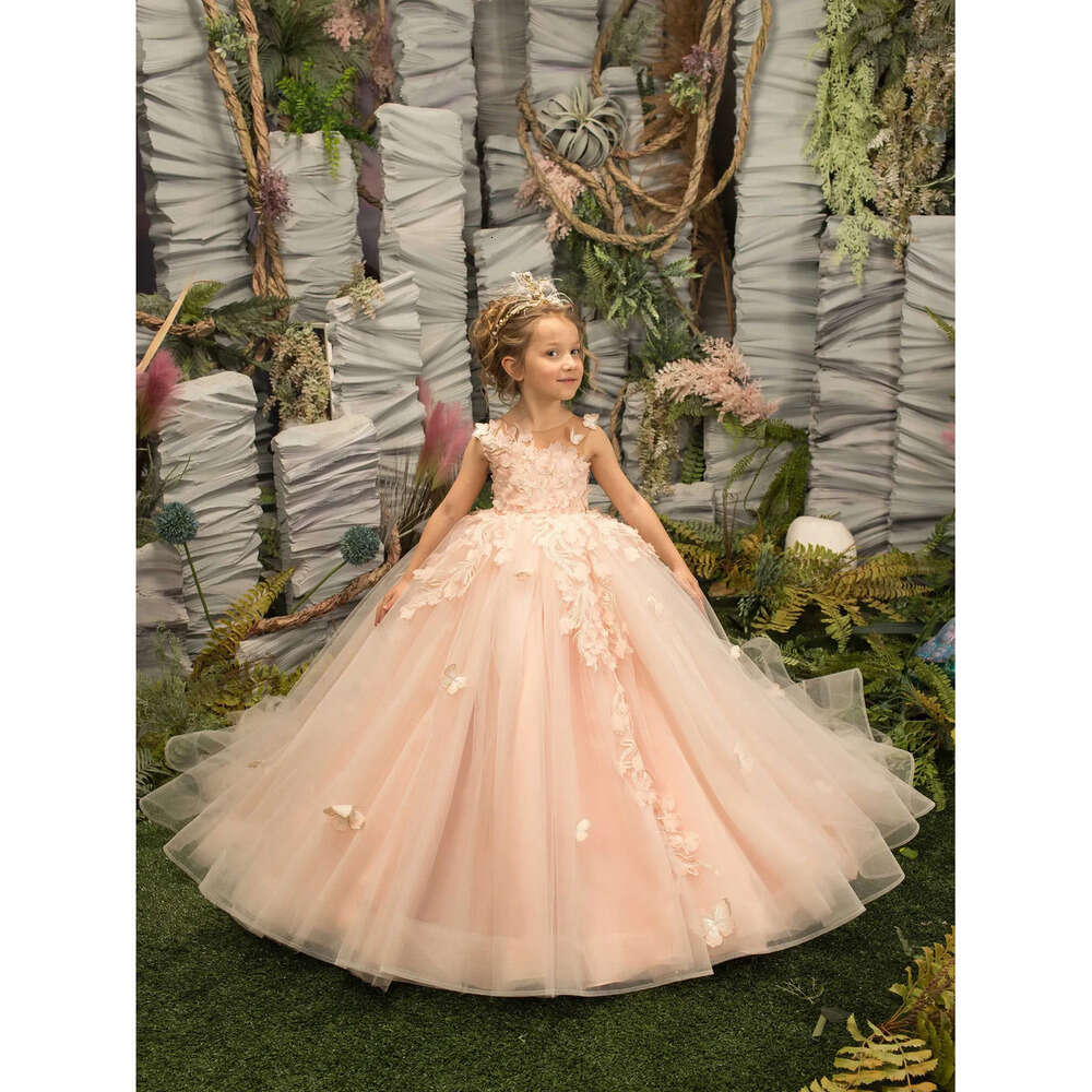 Lace Dree Pink Prince Gorgeou A Line Sheer Neck D Butterfly Flower Long Girl Pageant Gown Kid Toddler Communion Birthday Dre Bc S