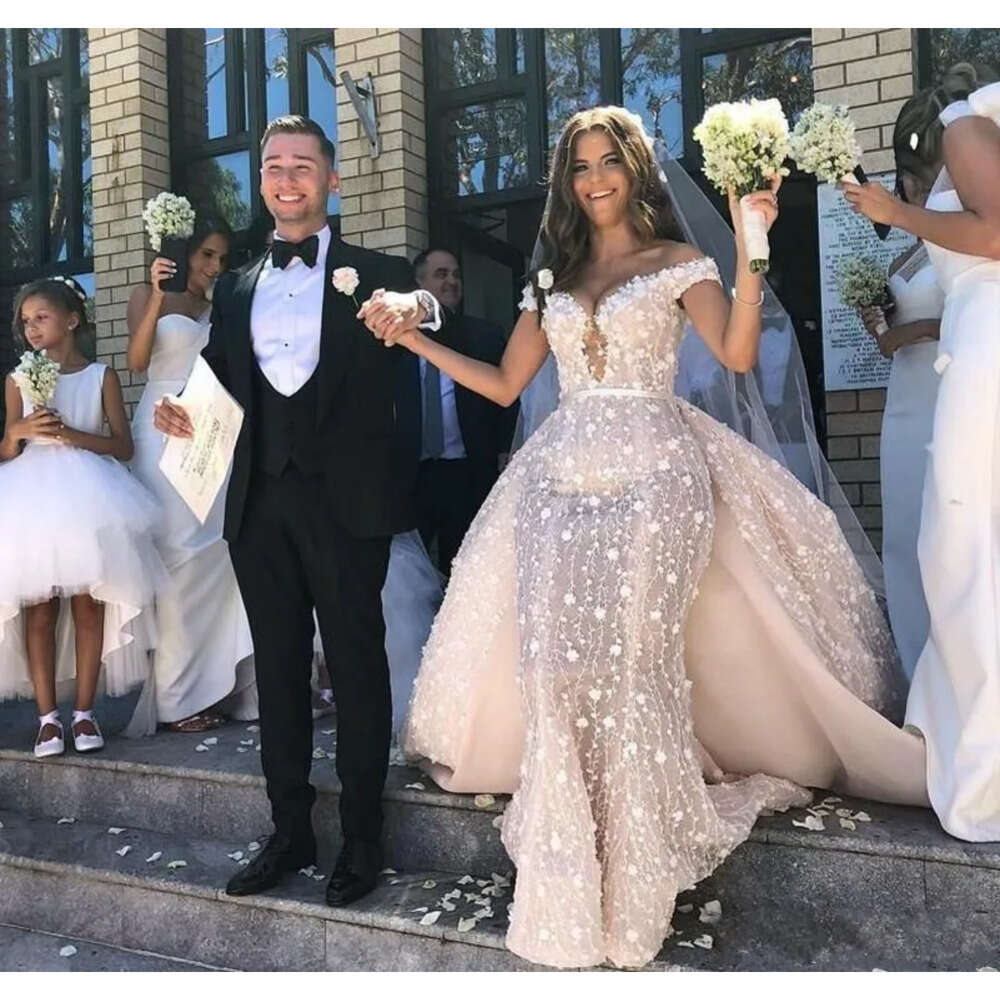 Saudi Full Mermaid Arabia Lace Wedding Dress With Detachable Train Sexy Off The Shoulder D Floral Bridal Gowns Charming Long Robe De Mariee