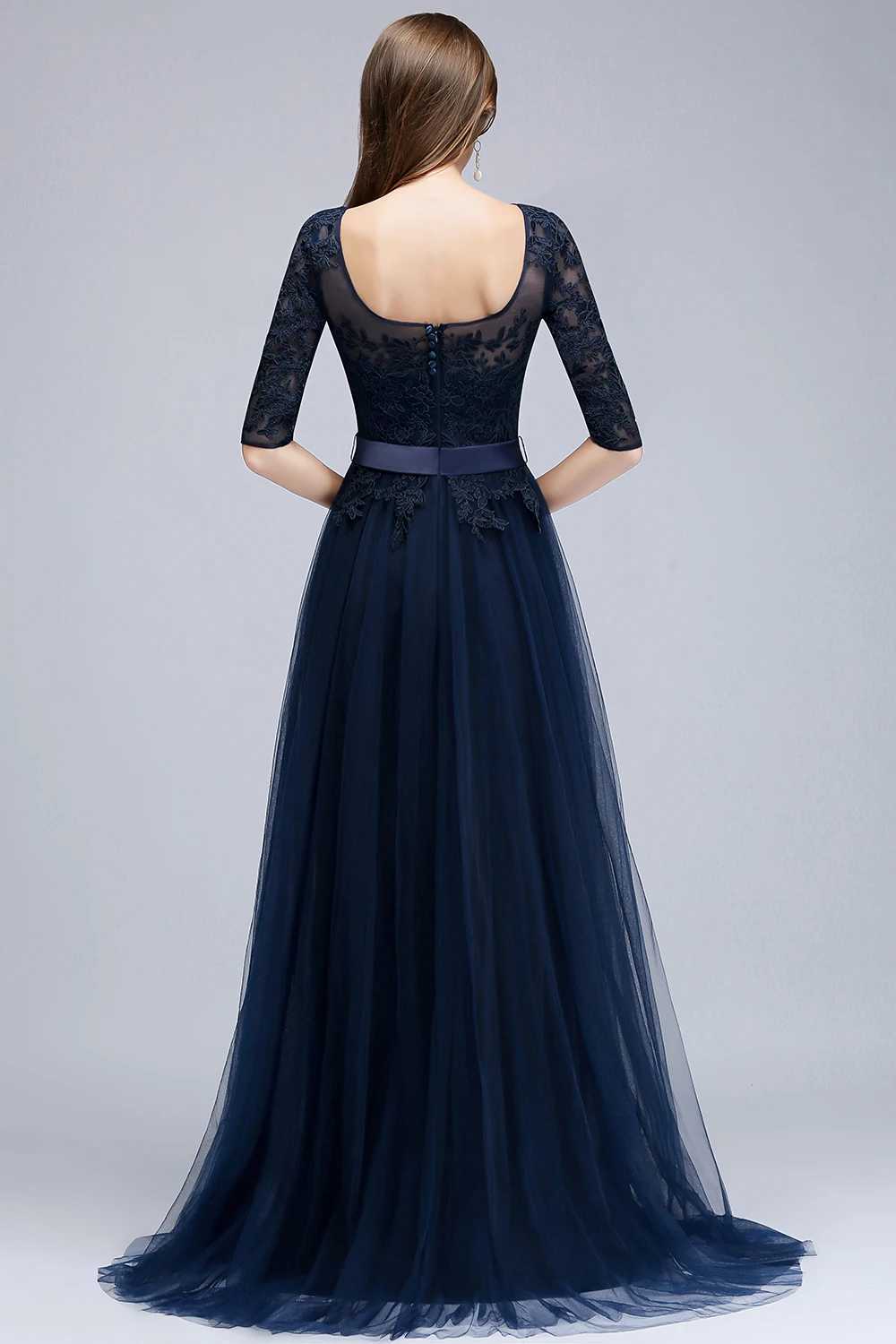 Runway Dresses Navy Blue Lace Long Evening Dresses Elegant Half Slve Appliques Tulle Formal Party Prom Gown Backless With Belt Robe De Soir Y240426