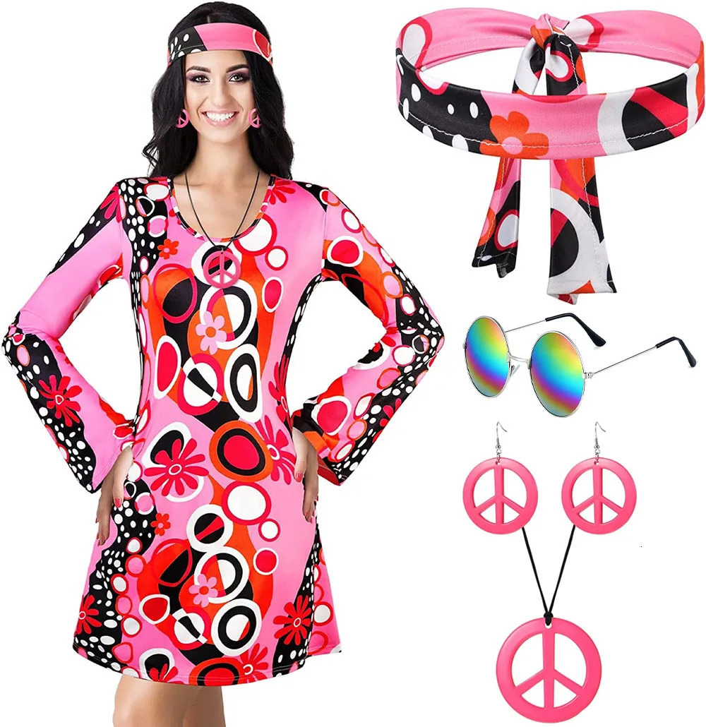5pcs Set 60s 70s Women Hippie Costume Accessories Hippie Disco Dress Halloween Boho Flared Hippie Dress 240415