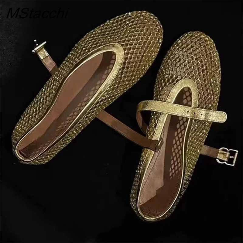 Summer Mesh Falts Shoe Sandals Breathable Ballet Comfortable Mary Jane Leisure Buckle Strap Women Loafers Shoes 2024 241126