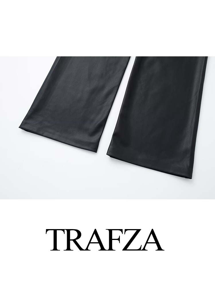 Woman Elegant Fashion High Waist Trouser Chic Straight Streetwear Wide Leg Pant Female Faux Leather Pants