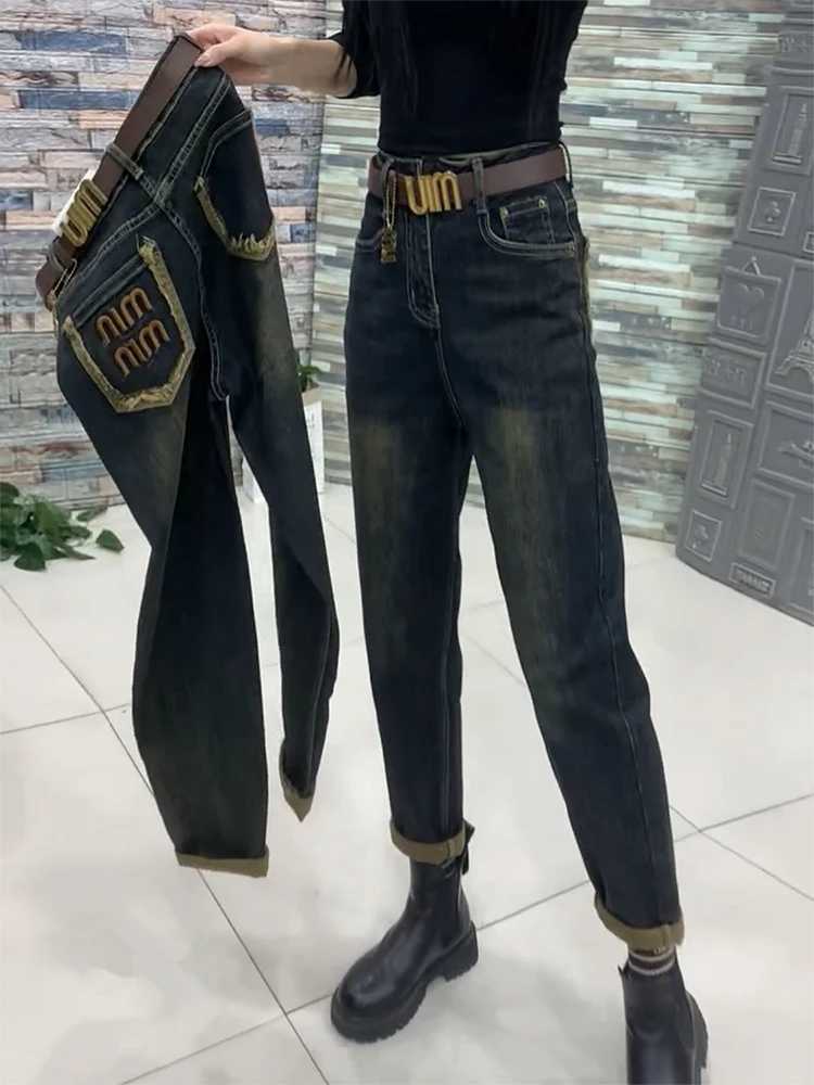 Women's Jeans Y2k womens jeans 2024 new autumn and winter plus size Harlan jeans womens velvet dad pants fat mm thin pear body pants H241130