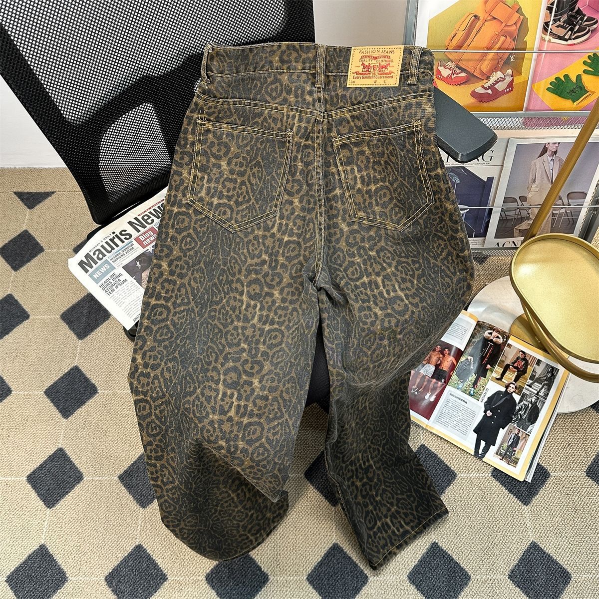 Retro Spring Trendy Leopard Print Jeans Women's American Street Trousers Y2k Haruku Style Baggy High Waist Casual Pants