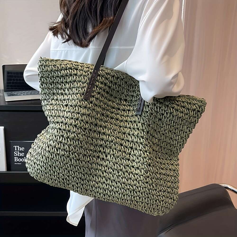 Grass woven large capacity handbag, lightweight shopping zipper shoulder bag, exquisite summer beach handbag