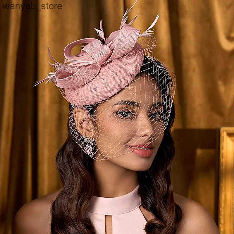 Wide Brim Hats Bucket Hats Fascinator Pillox Hat Bridal Wedding Veil Fascinator Mesh Lace Headband Tea Party Feather Fascinator Hats for Women L240910