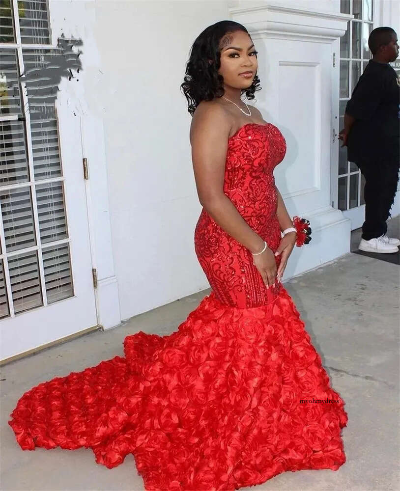 Elegant Red Strapless Long Prom Dresses For Black Girls 2022 Ruffles Evening Dress Mermaid Birthday Party Gowns Sequined Robe De Bal 0431