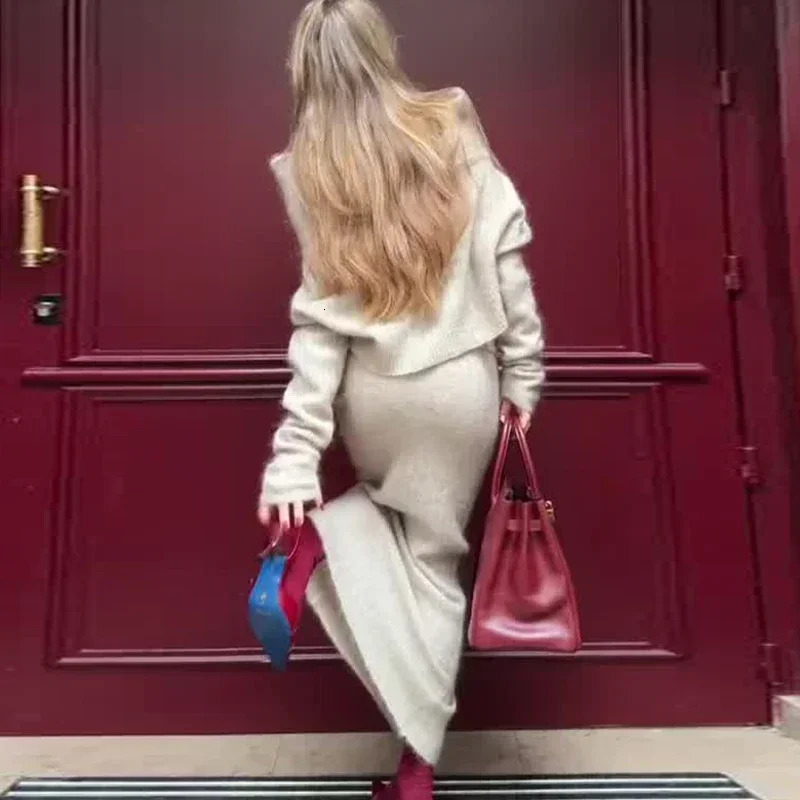 Talenza Knitted Long Skirt 2 Piece Set Womens Solid One Shoulder Sleeve Sweater Pullover Elegant Slim 241129