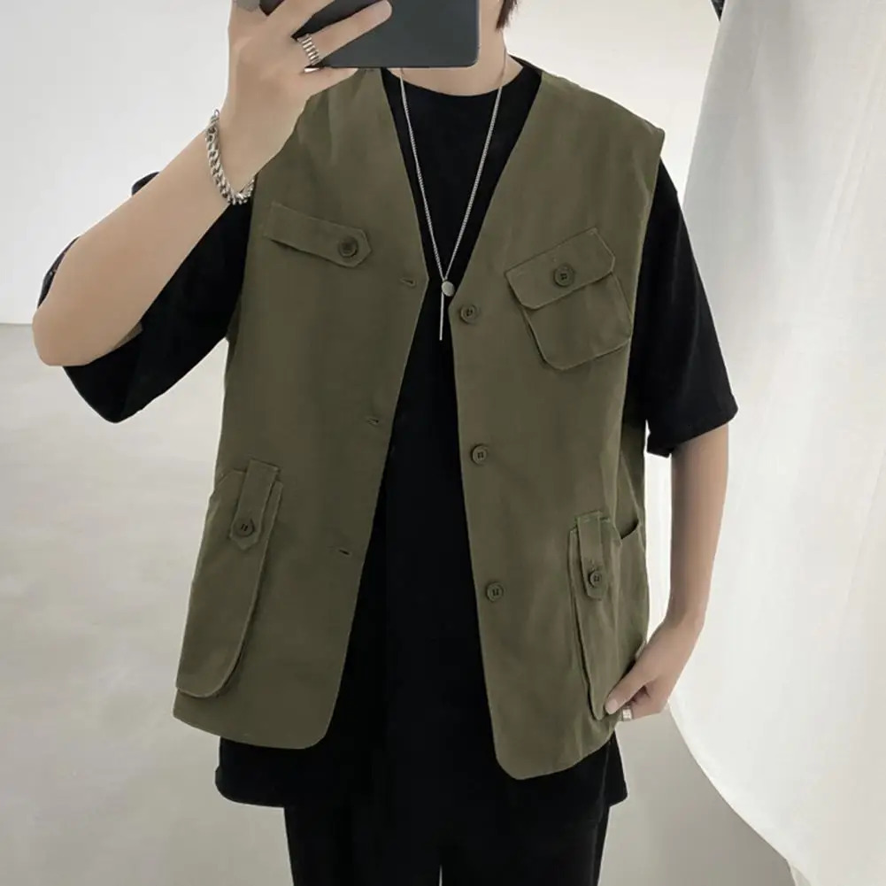 Sports Vest Mens Collarless Sleeveless Cargo Waistcoat with Multi Pockets Solid Color Outdoor Coat for Casual Style 241129