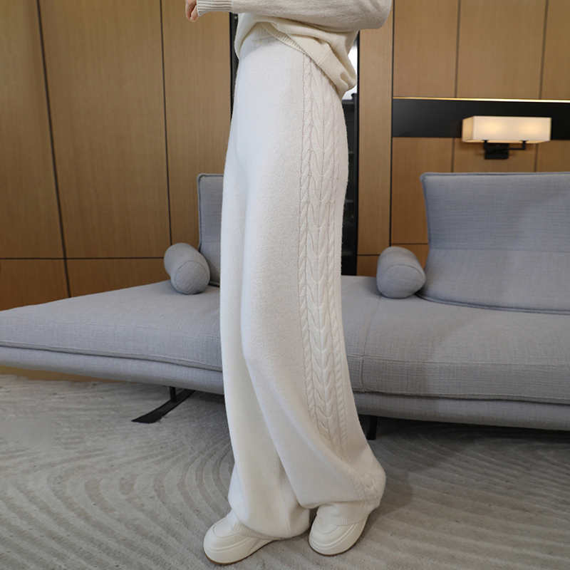 High Quality 100% Wool Women's High Waisted Wide With Side Jacquard Thickened Cashmere Loose Straight Leg Pants