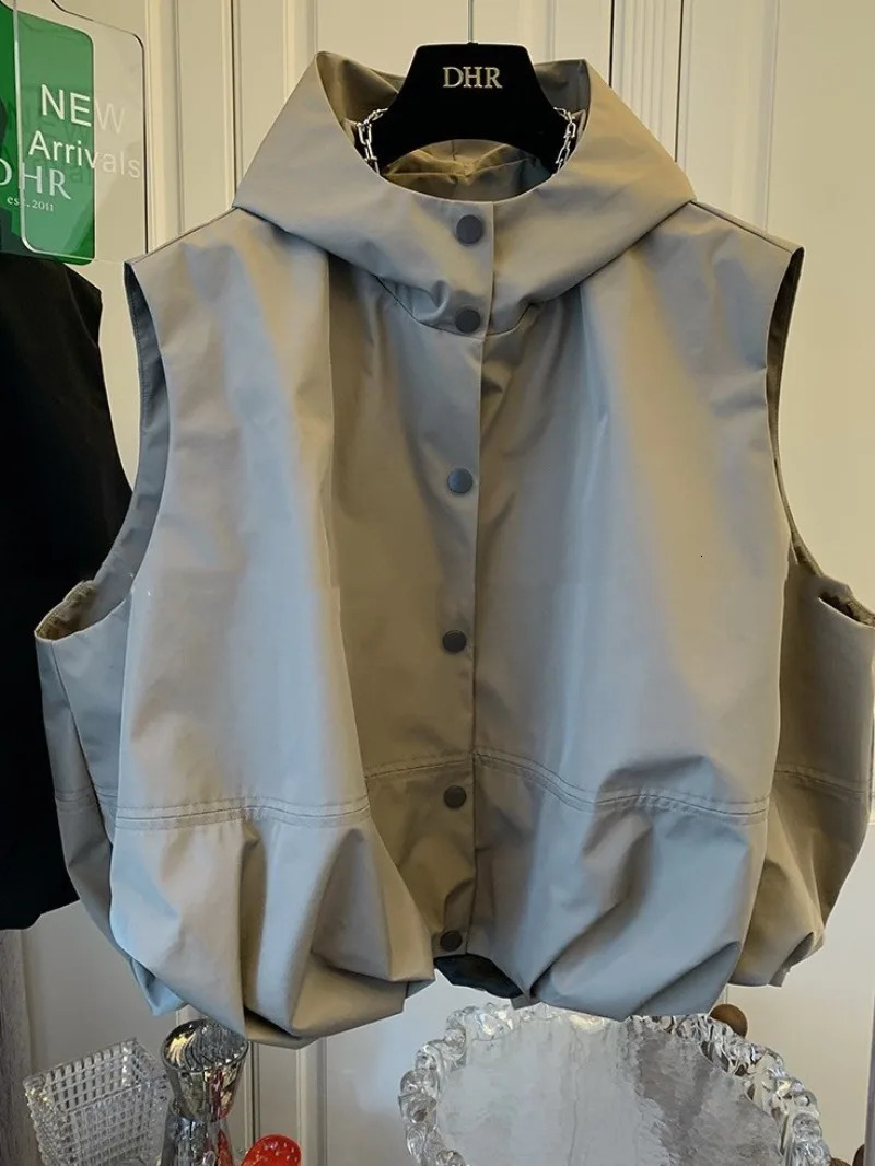 Crop Trench Tops Casual Black Waistcoat Chalecos Para Mujer Loose Vest For Women Single Breasted Sleeveless Hooded Jacket