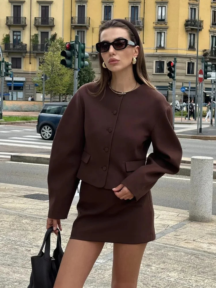 Elegant Mini Skirt Suit 2 Pieces Sets Fashion Balloon Buttons Cropped Blazer Coat Zipper Skirts Female Streetwear Outfits 241129