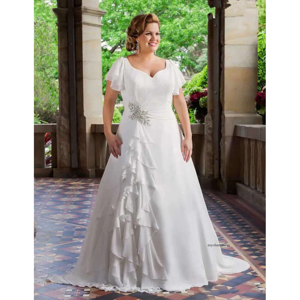 2021 New Plus Size Wedding Dresses Short Sleeve V Neck Beaded Ruffles Chiffon A Line Bridal Gowns Lace Up Back Custom Made 0431