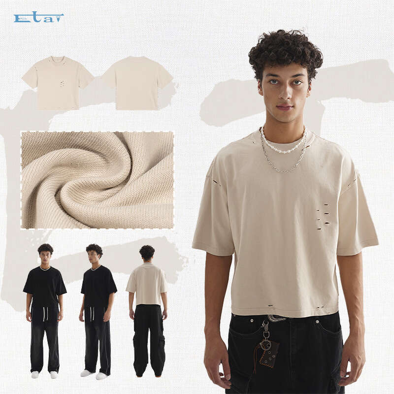 Men's Clothing, American Street Fashion, Retro, Worn Out, Solid Color, Men's T-Shirt, High-Quality, Heavyweight, 100% Cotton, And Wide, Shor