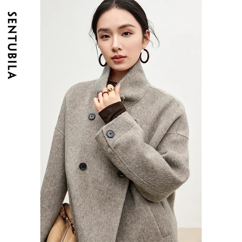 SENTUBILA 100 Wool Coats for Women 2024 Winter Stand Neck Double Sided Temperament Cropped Outerwears Hight Quality W44O56626 241129