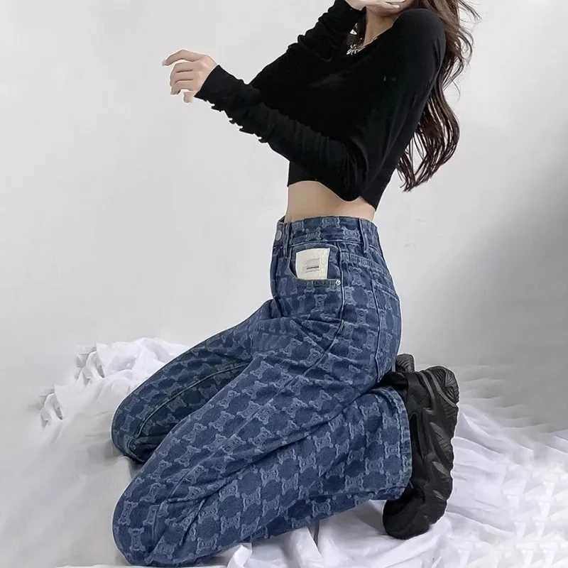 Women's Jeans Vintage Blue Letter Embroidered Y2k Bag Denim Womens Knitted Denim Trouser High Waist Jacquard Pattern Pants H241130